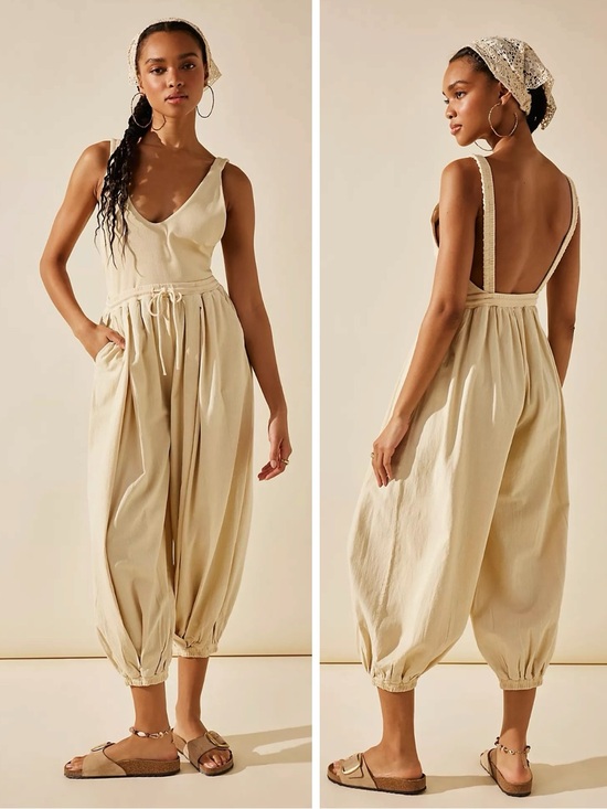 Free People Pants - Free People Bohemian Beach Balloon Harem Zon Jumpsuit in Neutral Tan Medium NWT
